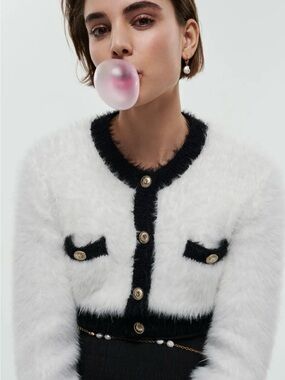 Maje White Teddy Cropped Jacket with Black Trim